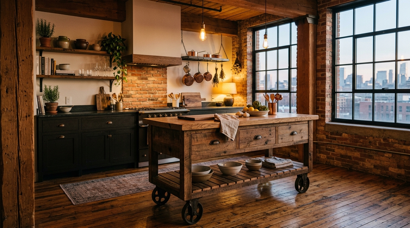 Industrial-inspired portable kitchen island with storage, featuring reclaimed wood surfaces and a rugged iron frame in a loft kitchen. Industrial-inspired portable kitchen island with storage, featuring reclaimed wood surfaces and a rugged iron frame in a loft kitchen.