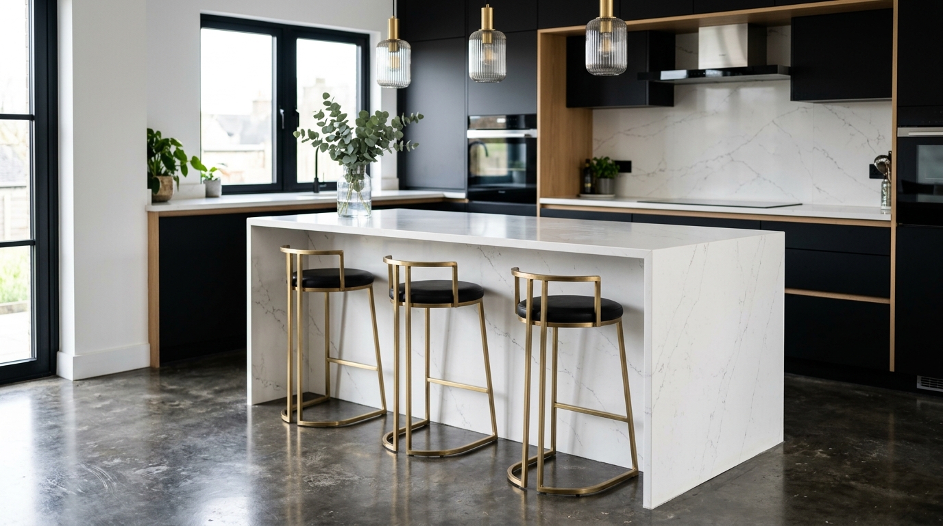 A luxury mini kitchen island with seating, featuring a cantilevered quartz countertop and sleek brass stools in a high-end condo. A luxury mini kitchen island with seating, featuring a cantilevered quartz countertop and sleek brass stools in a high-end condo.