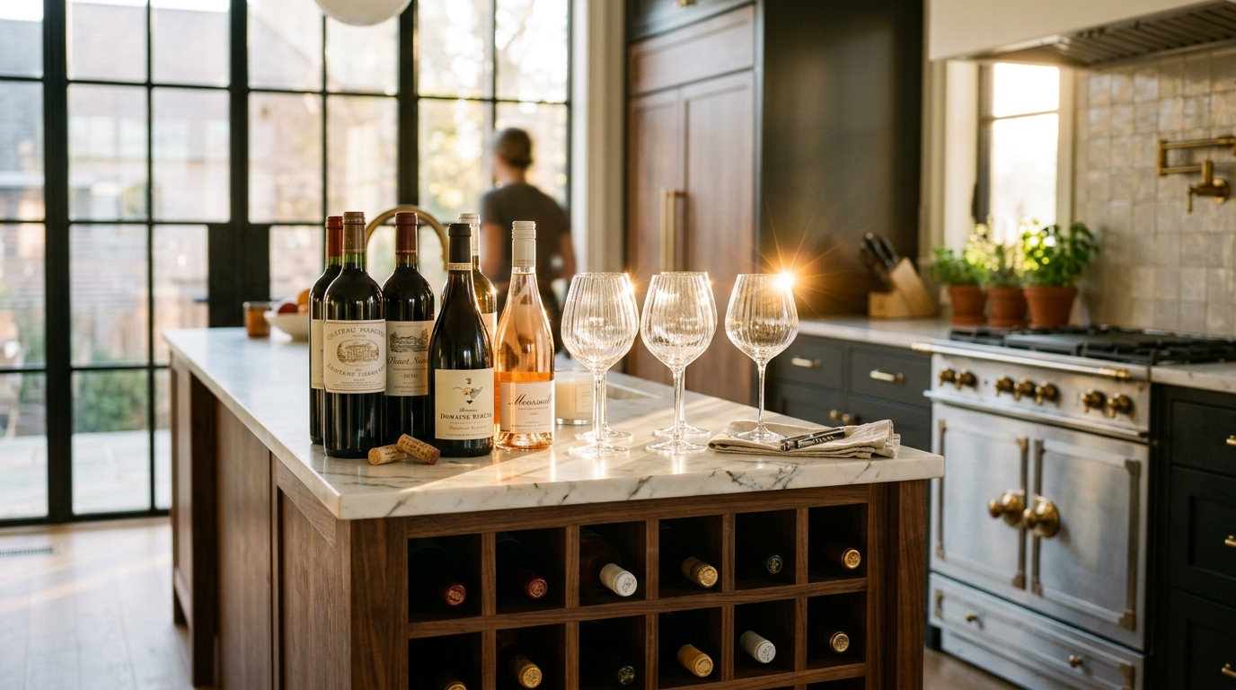 A narrow kitchen island with a built-in wine rack and fluted glass cabinet doors, catching directional afternoon sunlight. A narrow kitchen island with a built-in wine rack and fluted glass cabinet doors, catching directional afternoon sunlight.