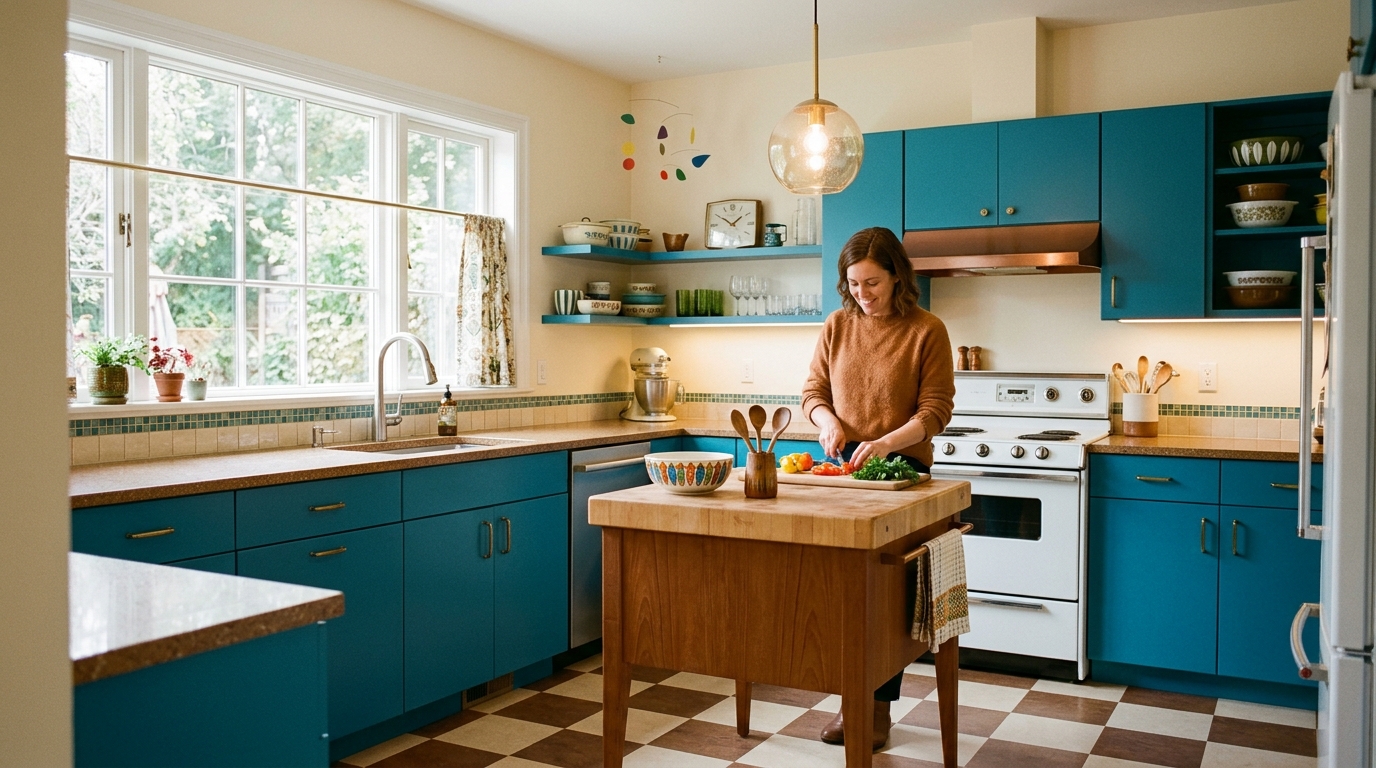 Mid-century modern small kitchen island ideas featuring tapered legs and a warm teak finish in a renovated 1950s galley kitchen. Mid-century modern small kitchen island ideas featuring tapered legs and a warm teak finish in a renovated 1950s galley kitchen.