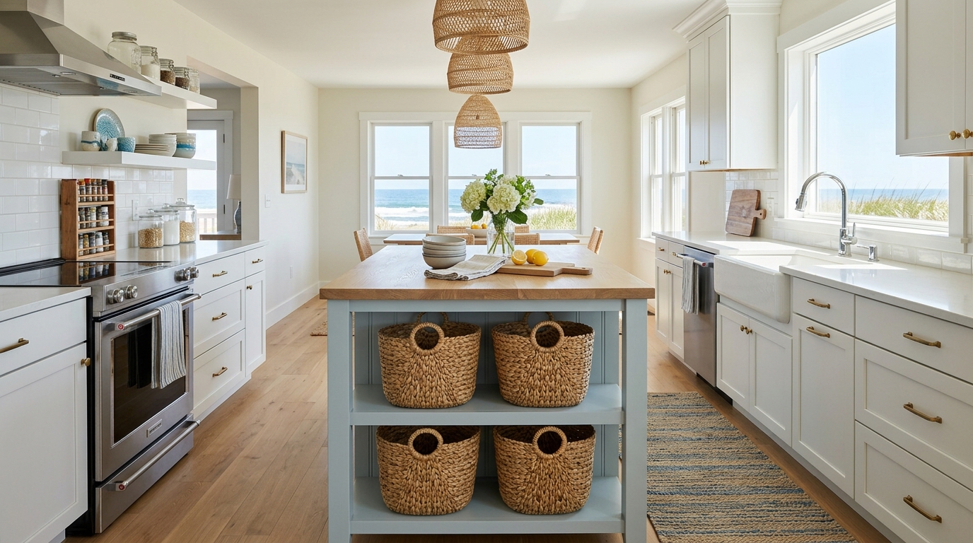 Coastal-inspired mini kitchen island with a light blue base and a thick white oak top, evoking a breezy, airy Mediterranean feel. Coastal-inspired mini kitchen island with a light blue base and a thick white oak top, evoking a breezy, airy Mediterranean feel.