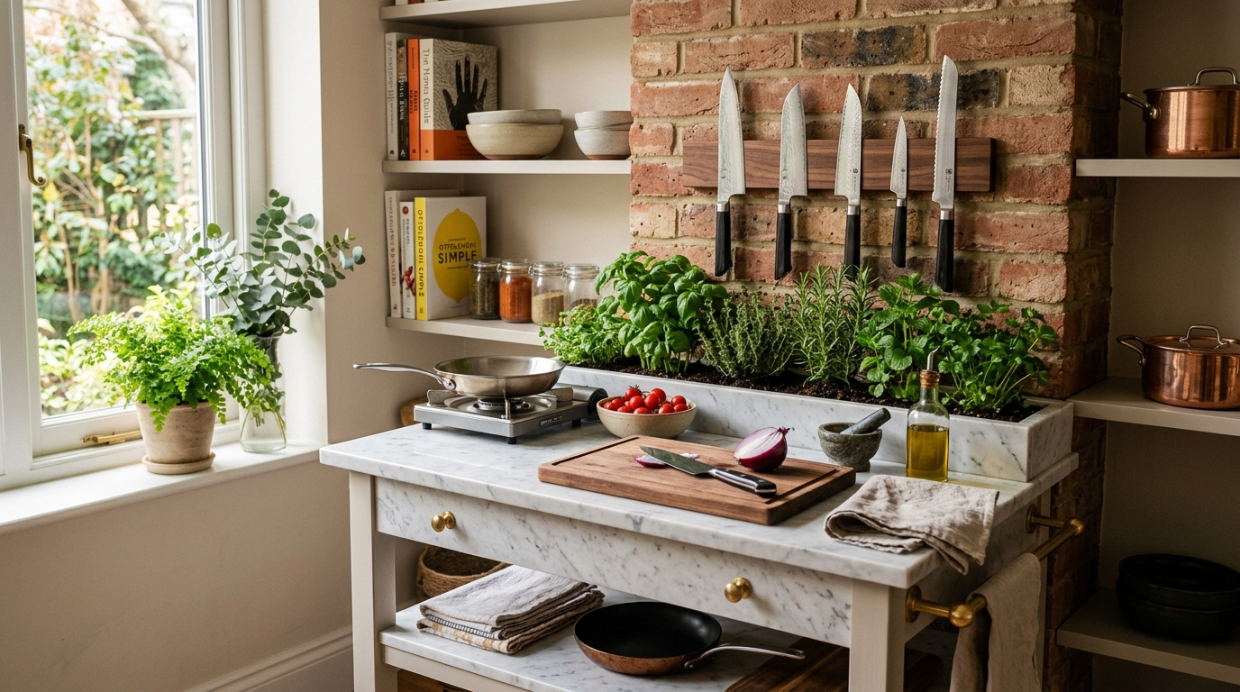 A compact kitchen island cart with integrated herb planters and a marble cutting board, perfect for a culinary enthusiast's small space. A compact kitchen island cart with integrated herb planters and a marble cutting board, perfect for a culinary enthusiast's small space.