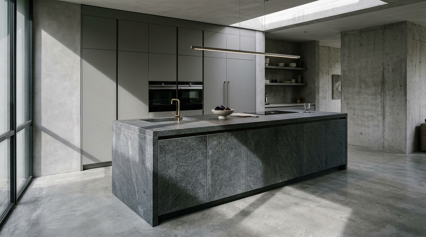 Minimalist architectural study of a monolithic stone island in a micro-apartment, showing seamless integration with the polished concrete floor. Minimalist architectural study of a monolithic stone island in a micro-apartment, showing seamless integration with the polished concrete floor.