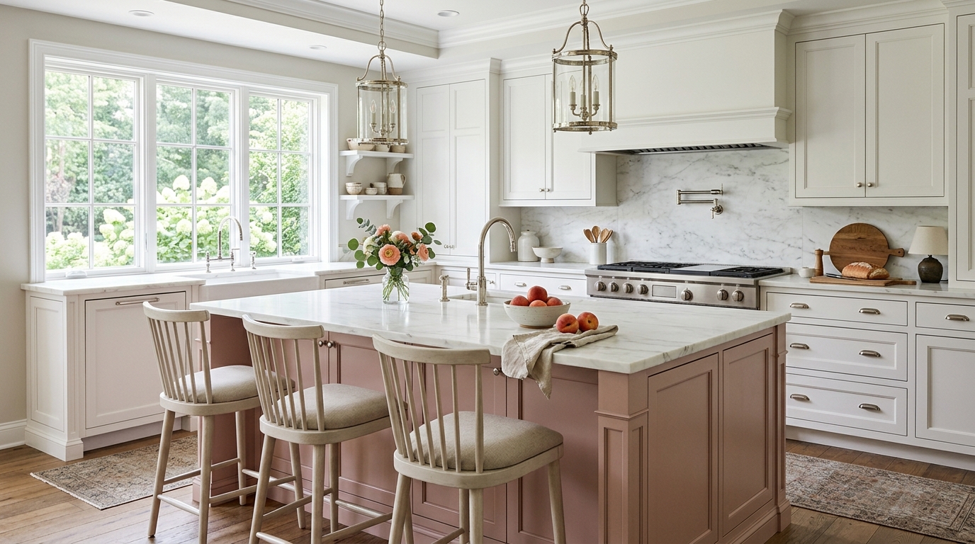Transitional style narrow kitchen island in Farrow & Ball Setting Plaster pink, featuring polished nickel hardware and a white marble top. Transitional style narrow kitchen island in Farrow & Ball Setting Plaster pink, featuring polished nickel hardware and a white marble top.