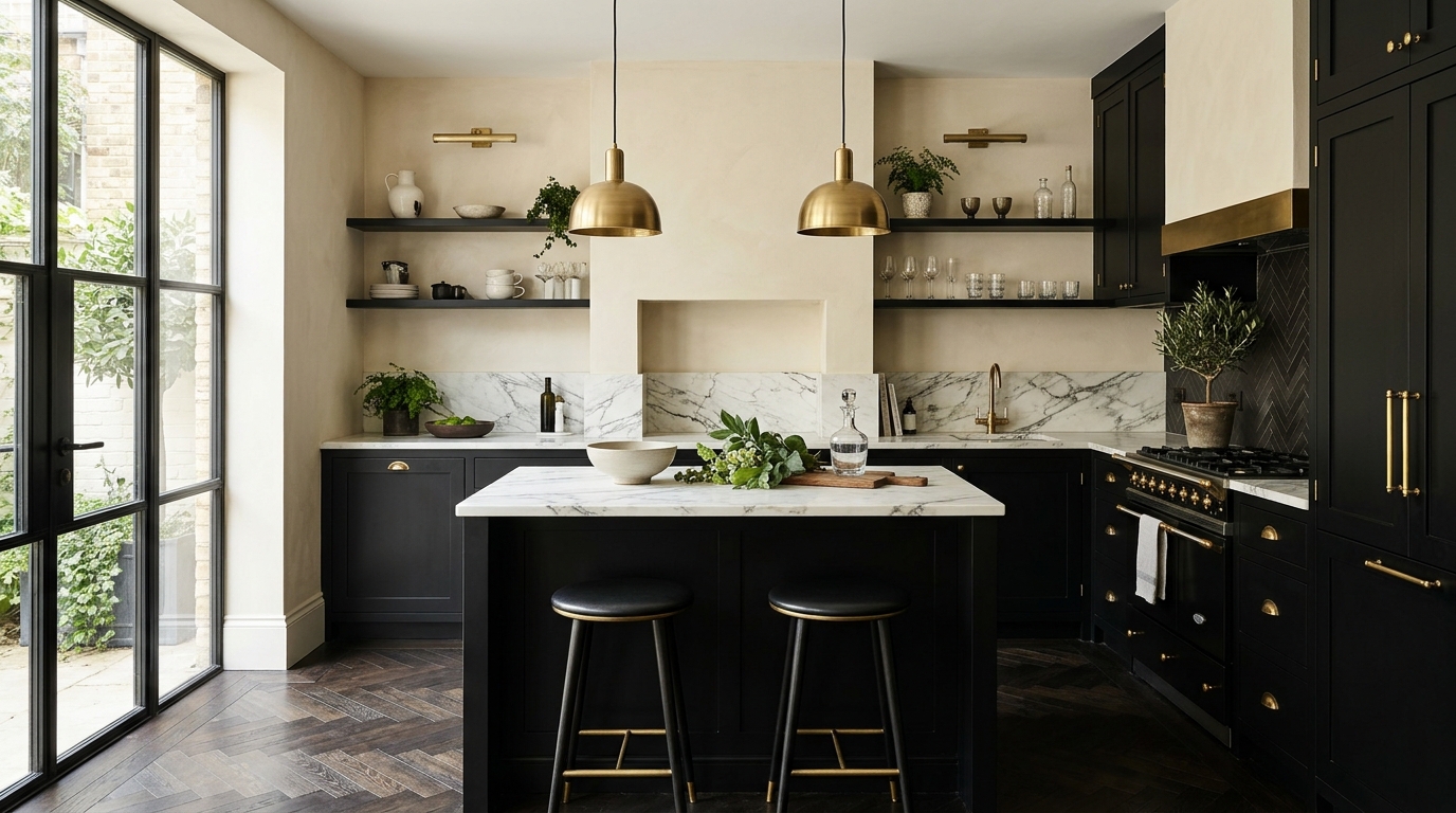 A high-contrast kitchen design with a small black island against cream-colored Benjamin Moore Swiss Coffee walls and cabinetry. A high-contrast kitchen design with a small black island against cream-colored Benjamin Moore Swiss Coffee walls and cabinetry.