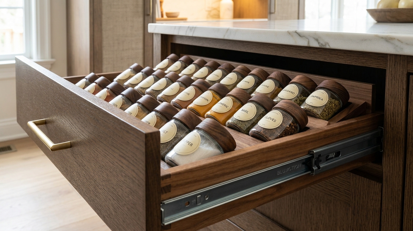 Close-up of a portable kitchen island with storage drawers featuring integrated spice organizers and high-end soft-close hardware. Close-up of a portable kitchen island with storage drawers featuring integrated spice organizers and high-end soft-close hardware.