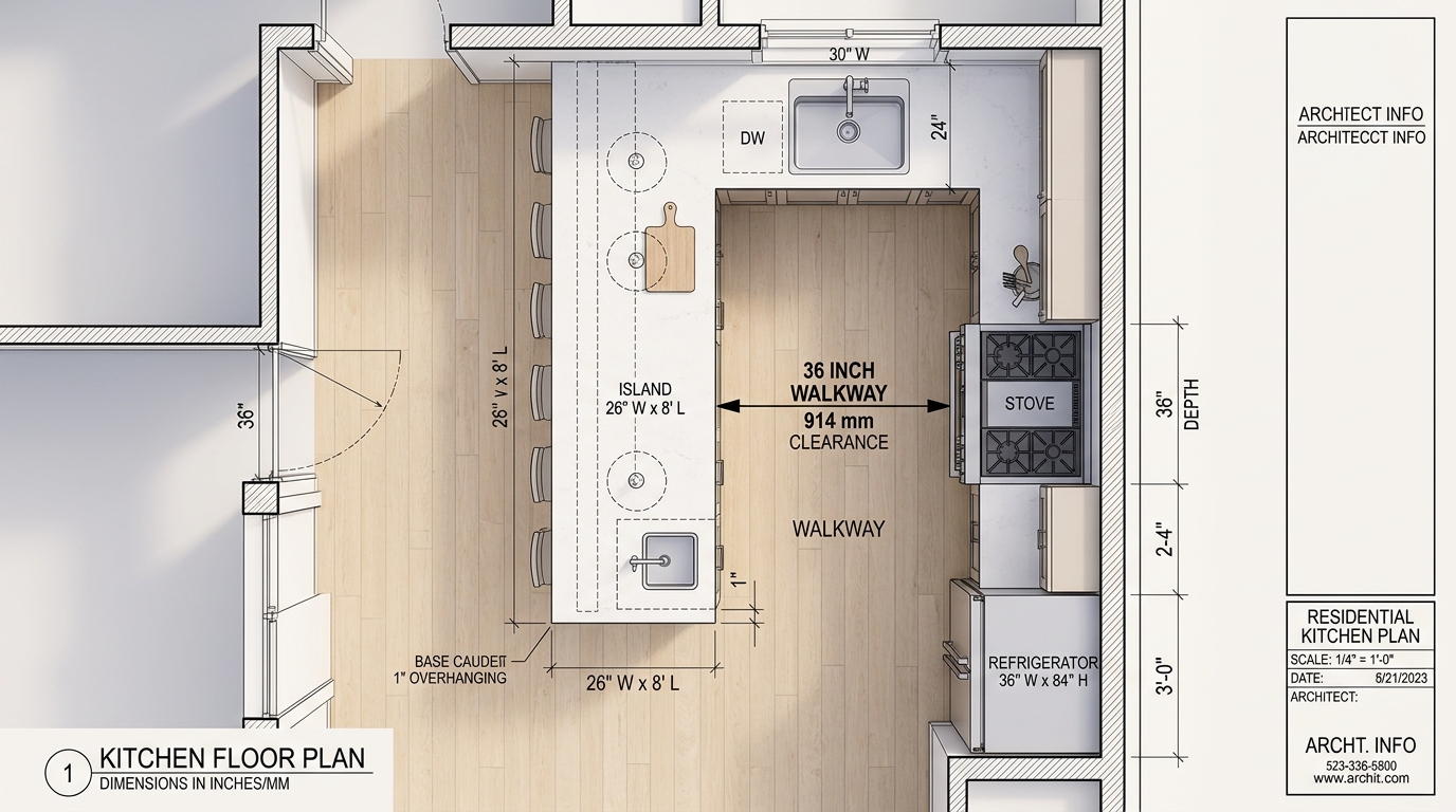 Architectural floor plan perspective of a micro-kitchen demonstrating the 36-inch clearance rule between a narrow island and perimeter cabinetry. Architectural floor plan perspective of a micro-kitchen demonstrating the 36-inch clearance rule between a narrow island and perimeter cabinetry.