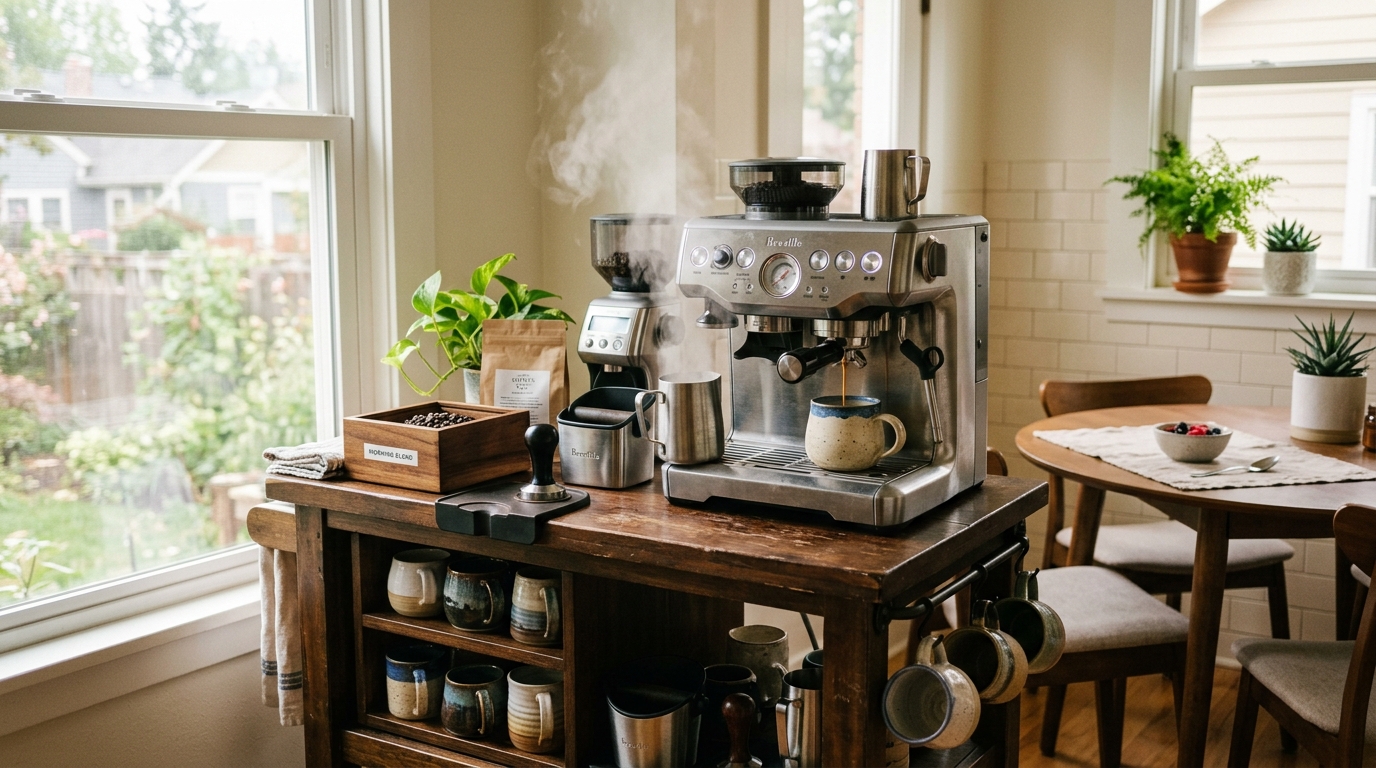 A multifunctional narrow rolling kitchen cart used as a coffee bar station with a professional espresso machine and ceramic cups. A multifunctional narrow rolling kitchen cart used as a coffee bar station with a professional espresso machine and ceramic cups.