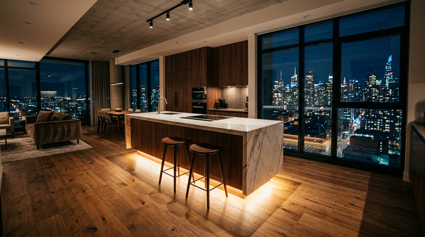 Evening architectural shot of a mini island with under-counter LED strip lighting, creating a floating effect on the hardwood floor. Evening architectural shot of a mini island with under-counter LED strip lighting, creating a floating effect on the hardwood floor.