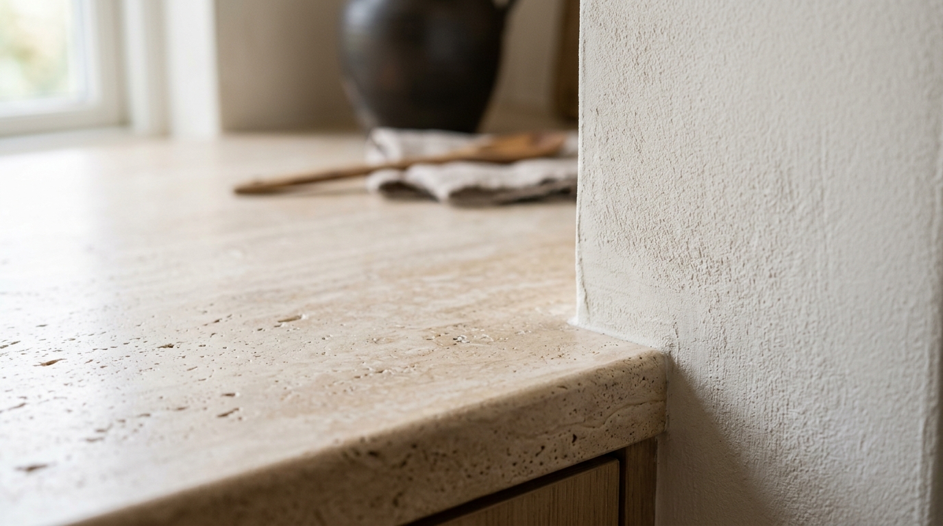 Close-up detail of tactile materials including a honed travertine countertop and limewash walls, illustrating quiet luxury in a mini kitchen island. Close-up detail of tactile materials including a honed travertine countertop and limewash walls, illustrating quiet luxury in a mini kitchen island.