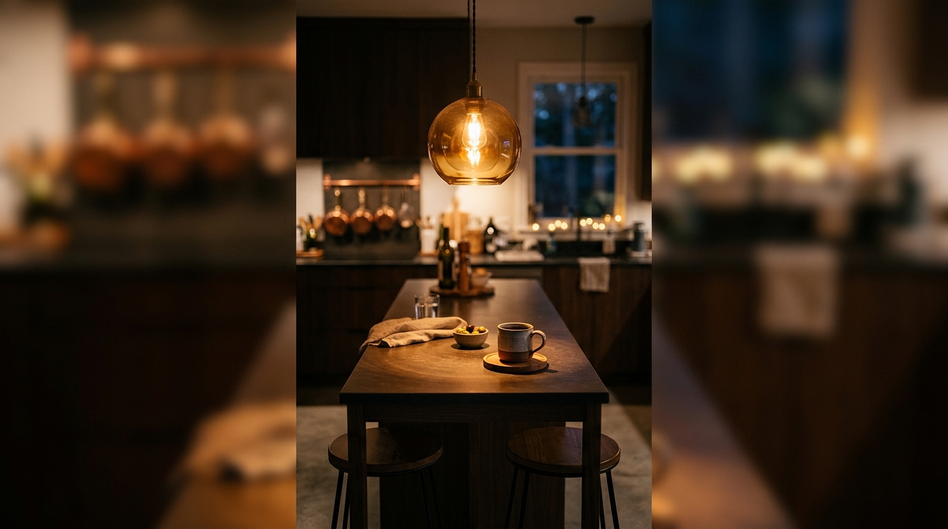 A narrow kitchen island illuminated by a 2700K warm designer pendant light, showcasing high CRI task lighting in a moody evening setting. A narrow kitchen island illuminated by a 2700K warm designer pendant light, showcasing high CRI task lighting in a moody evening setting.