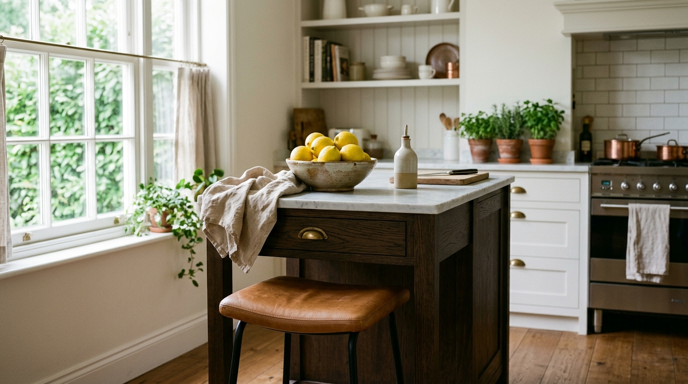 Ergonomic snapshot of a portable kitchen island with storage and a tucked-in leather stool, highlighting functional living in a small apartment. Ergonomic snapshot of a portable kitchen island with storage and a tucked-in leather stool, highlighting functional living in a small apartment.