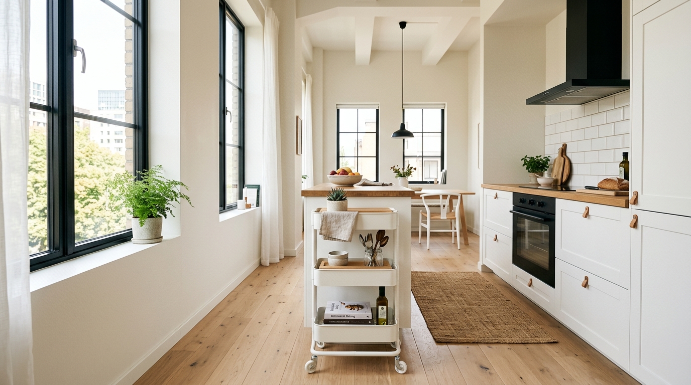 A sleek white narrow rolling kitchen cart with a stainless steel top, perfectly integrated into a bright Scandinavian-style studio apartment. A sleek white narrow rolling kitchen cart with a stainless steel top, perfectly integrated into a bright Scandinavian-style studio apartment.