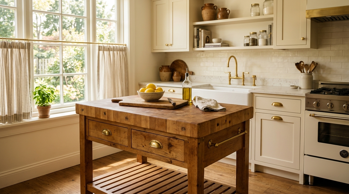 Traditional butcher block island for small kitchen spaces featuring integrated towel racks and heavy-duty brass casters for portability. Traditional butcher block island for small kitchen spaces featuring integrated towel racks and heavy-duty brass casters for portability.