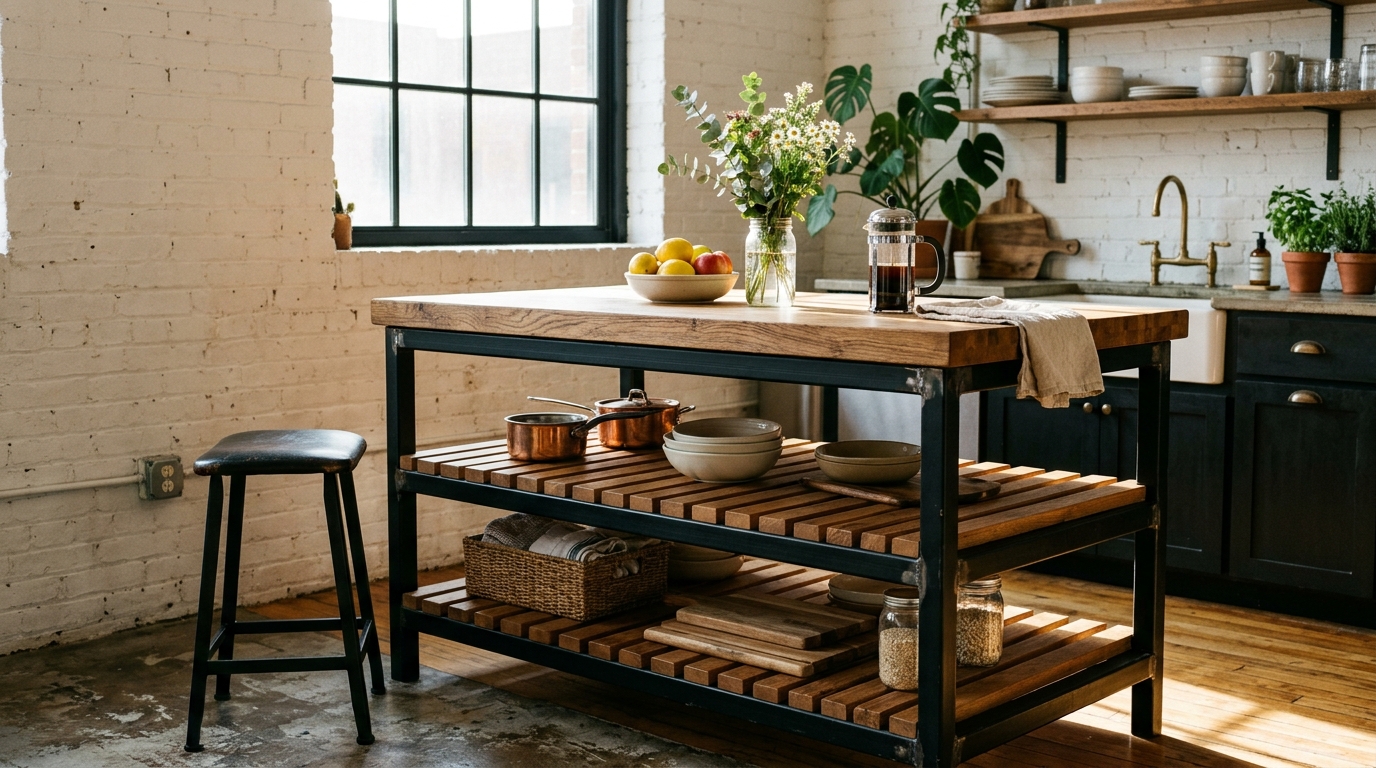 A custom DIY apartment kitchen island with open slatted wood shelving and a minimalist matte black frame against a white brick wall. A custom DIY apartment kitchen island with open slatted wood shelving and a minimalist matte black frame against a white brick wall.