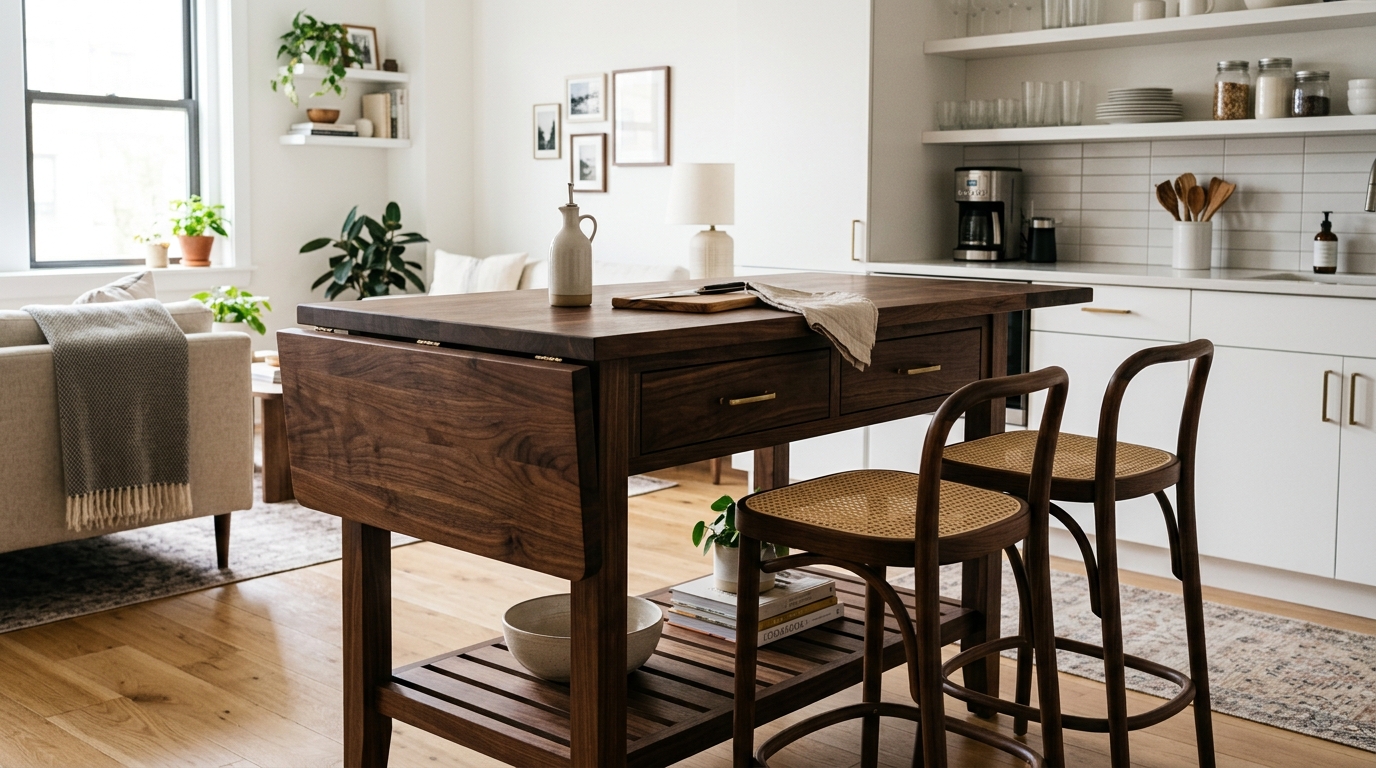 Sophisticated small kitchen island with drop leaf in a dark walnut finish, shown in both extended and collapsed positions for spatial versatility. Sophisticated small kitchen island with drop leaf in a dark walnut finish, shown in both extended and collapsed positions for spatial versatility.