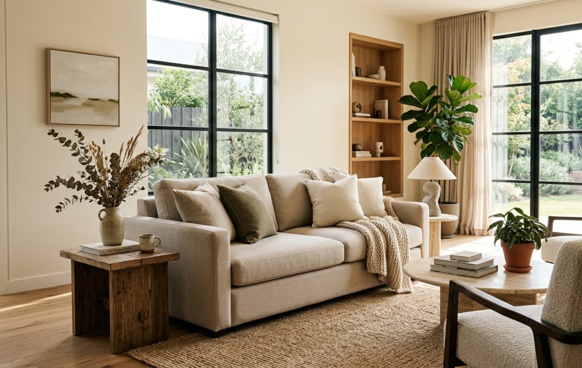 A bright, airy living room featuring the Koala 3rd Gen Sofa Bed in a neutral fabric, styled with a jute rug and organic modern furniture.
