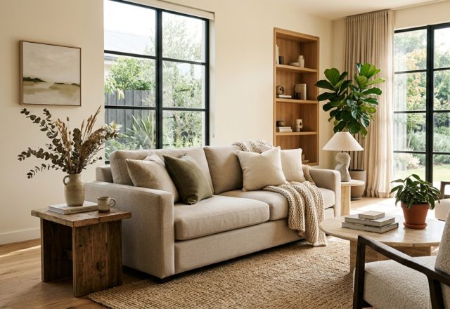 A bright, airy living room featuring the Koala 3rd Gen Sofa Bed in a neutral fabric, styled with a jute rug and organic modern furniture.