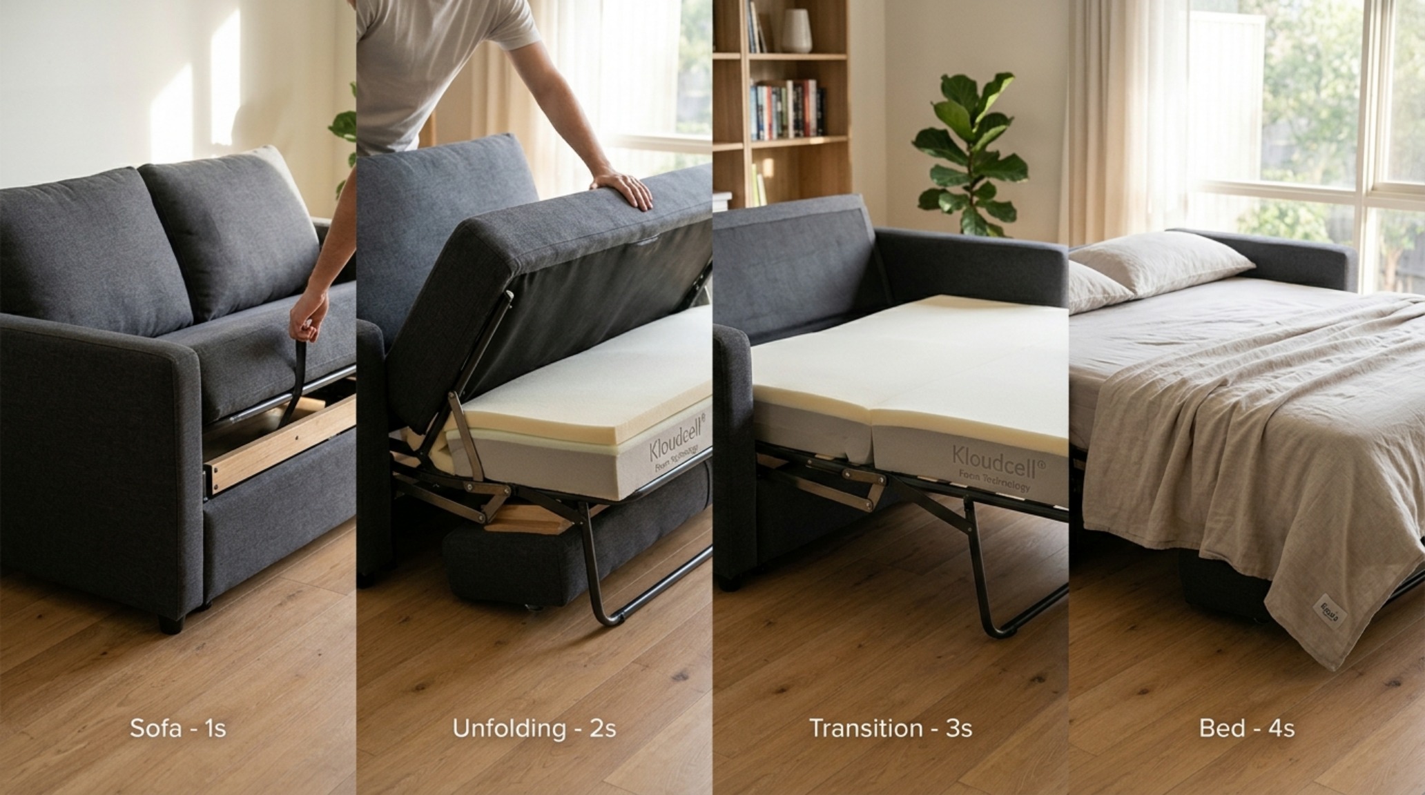 A close-up shot of the Koala Sofa Bed being folded out, showcasing the Kloudcell mattress texture and the 4-second transition mechanism. A close-up shot of the Koala Sofa Bed being folded out, showcasing the Kloudcell mattress texture and the 4-second transition mechanism.
