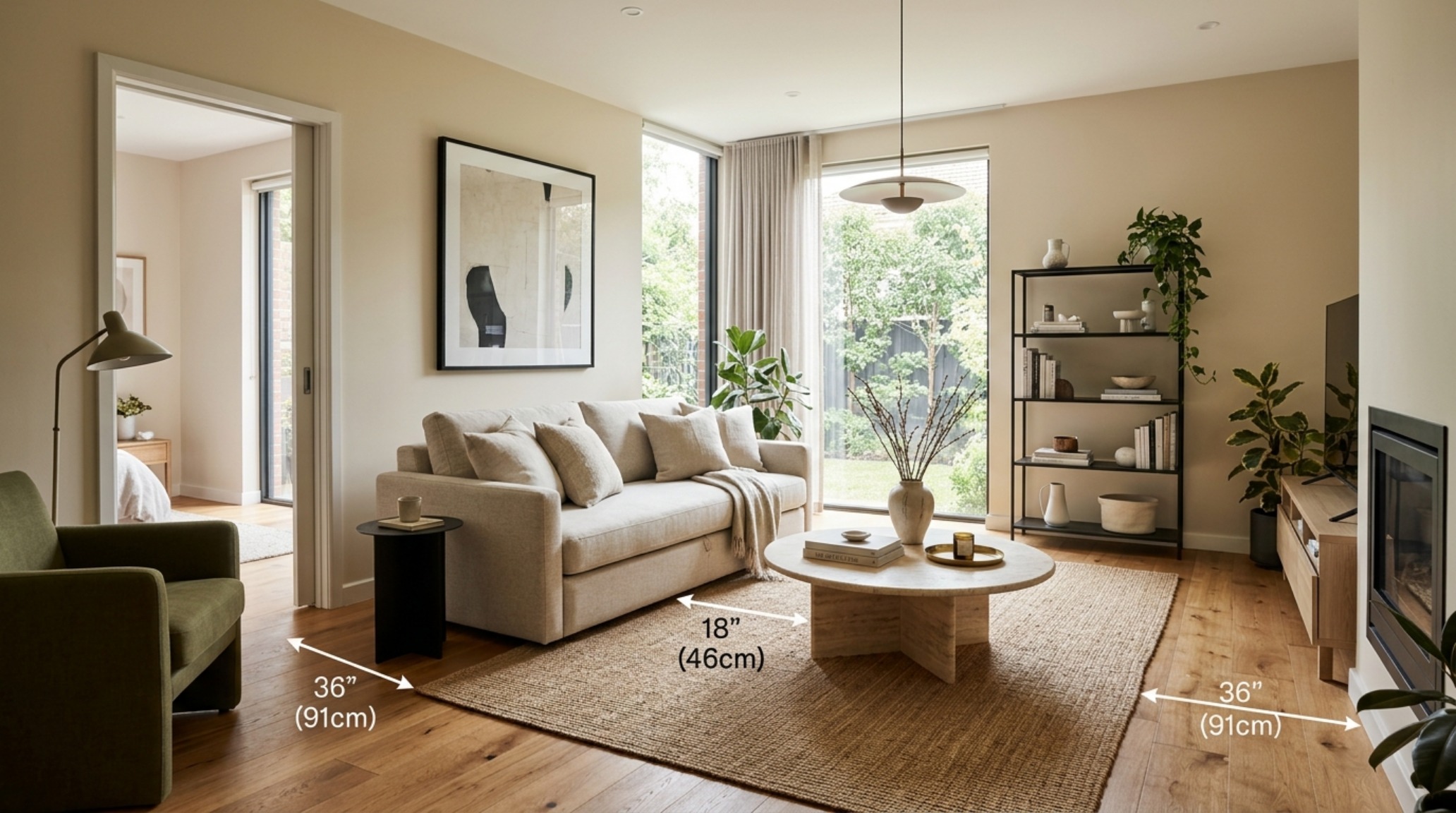 Living room layout with 18-inch coffee table reach and 36-inch walkway clearances, focusing on ergonomic sofa bed placement. Living room layout with 18-inch coffee table reach and 36-inch walkway clearances, focusing on ergonomic sofa bed placement.