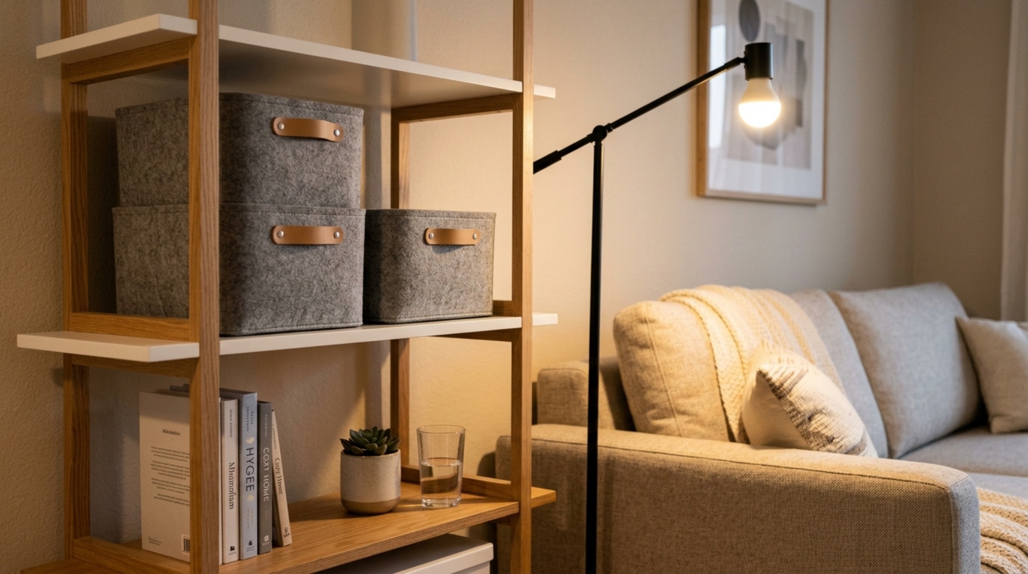 Detail of a minimalist storage nook next to a sofa bed, featuring modular felt bins and a designer floor lamp at 2700K color temperature. Detail of a minimalist storage nook next to a sofa bed, featuring modular felt bins and a designer floor lamp at 2700K color temperature.
