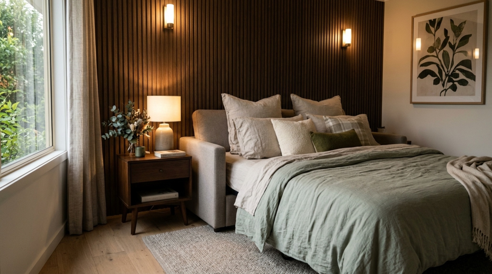 Editorial view of a Koala 3rd Gen Sofa Bed in 'bed mode' with high-thread count linen bedding and a fluted oak side table. Editorial view of a Koala 3rd Gen Sofa Bed in 'bed mode' with high-thread count linen bedding and a fluted oak side table.