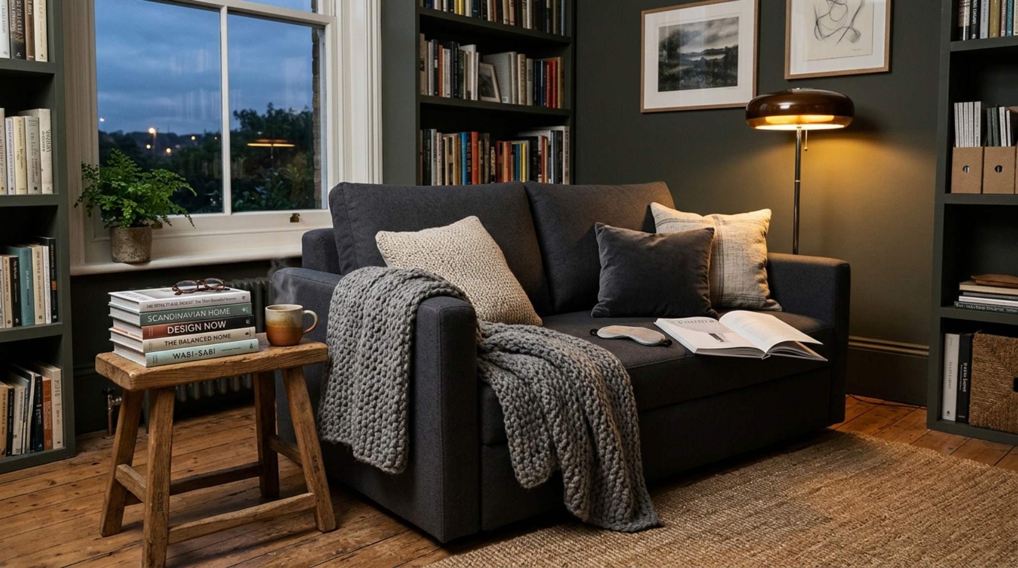 Top-down architectural view showing the spatial cadence and circulation paths around an open sofa bed in a studio apartment. Top-down architectural view showing the spatial cadence and circulation paths around an open sofa bed in a studio apartment.