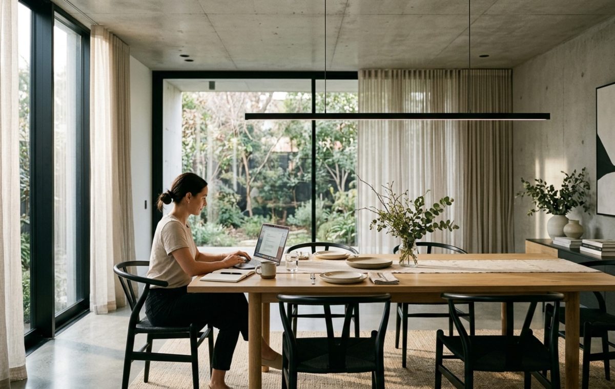 best lighting for dining table 2025 featuring a sleek linear LED suspension over a minimalist white oak workstation table in a sun-drenched loft.