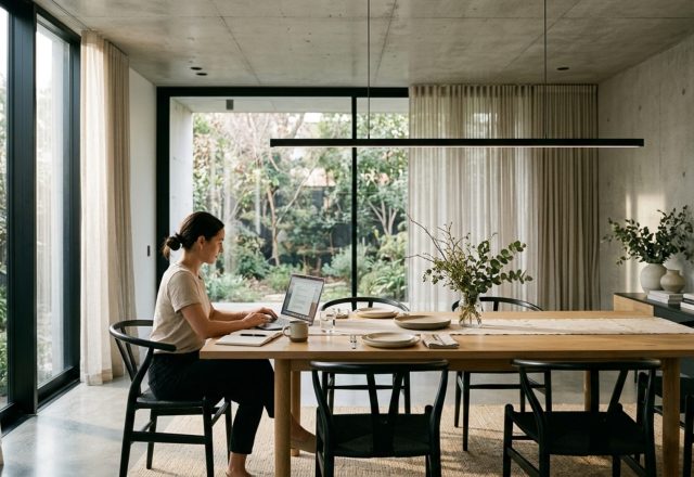 best lighting for dining table 2025 featuring a sleek linear LED suspension over a minimalist white oak workstation table in a sun-drenched loft.