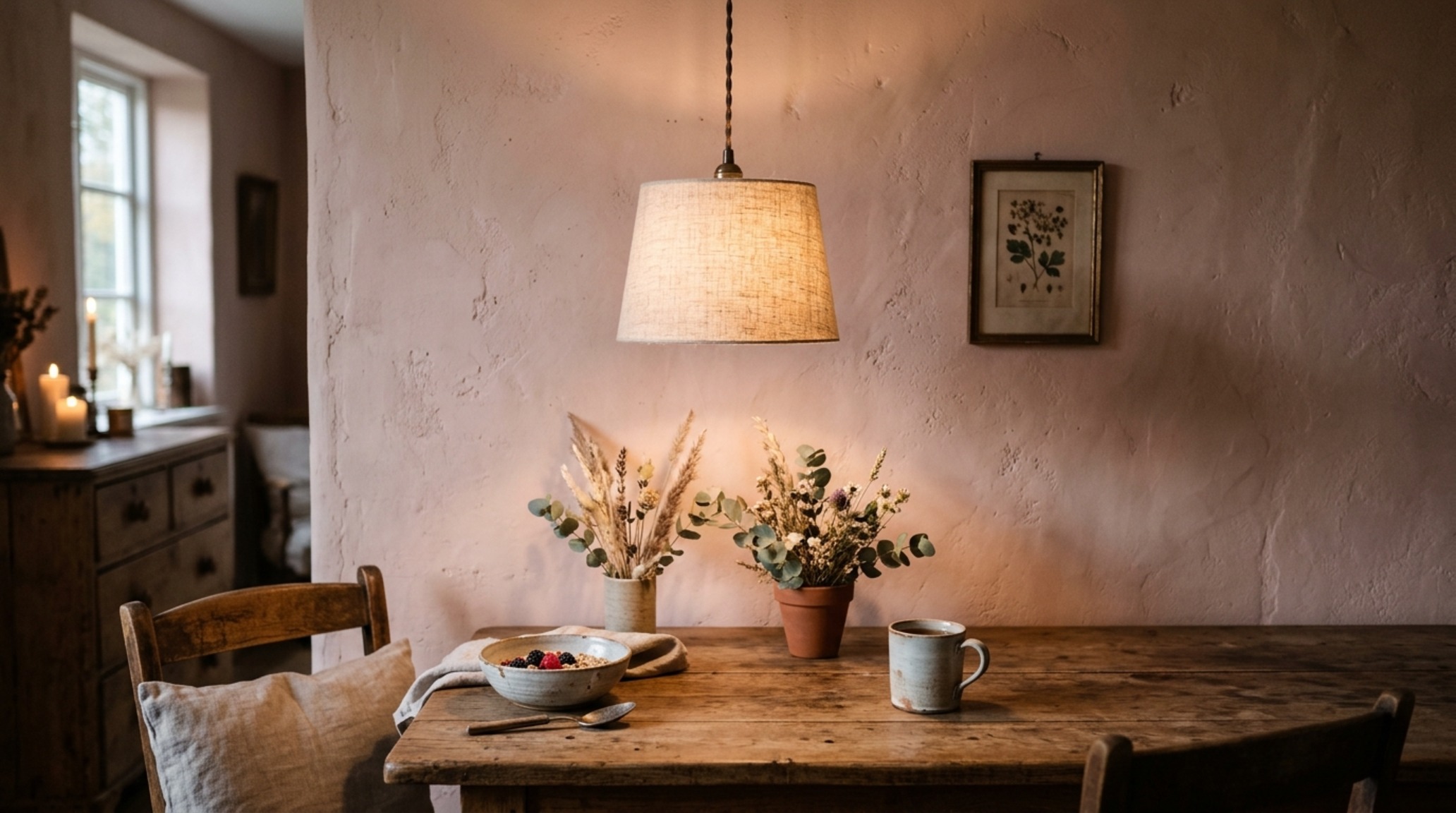 dimmable dining room fixtures highlighting the texture of a lime-wash wall finish and a linen-shaded pendant light in a soft-minimalist home. dimmable dining room fixtures highlighting the texture of a lime-wash wall finish and a linen-shaded pendant light in a soft-minimalist home.