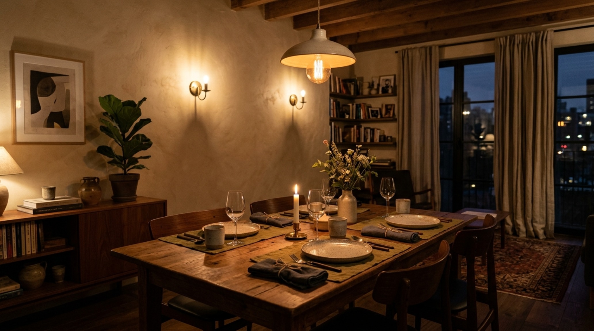 dimmable dining room fixtures including architectural wall sconces and a central warm-dim pendant creating an intimate evening mood. dimmable dining room fixtures including architectural wall sconces and a central warm-dim pendant creating an intimate evening mood.