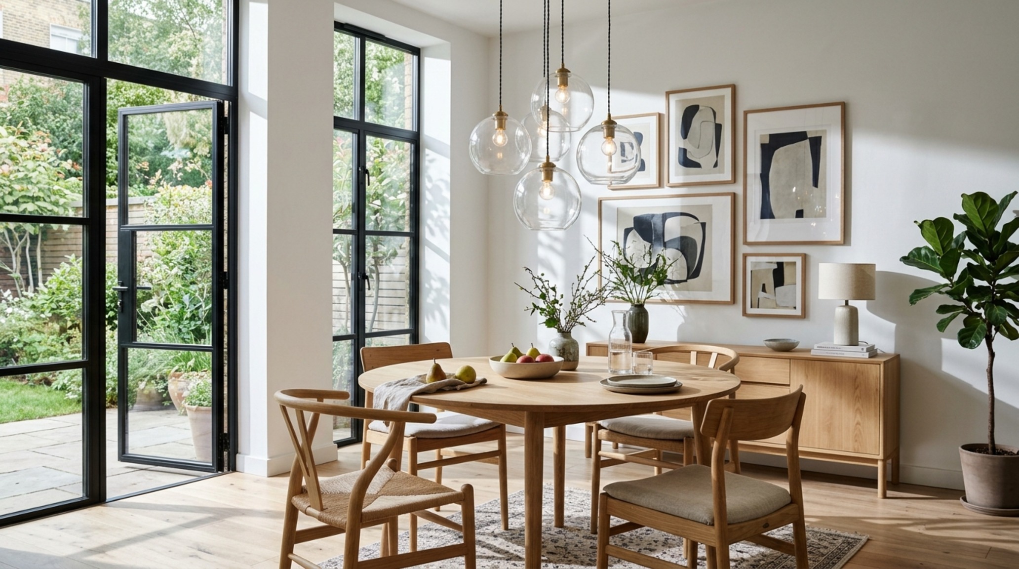 modern lighting for round dining table using a cluster of hand-blown glass globes at varying heights to add rhythm to a small breakfast nook. modern lighting for round dining table using a cluster of hand-blown glass globes at varying heights to add rhythm to a small breakfast nook.