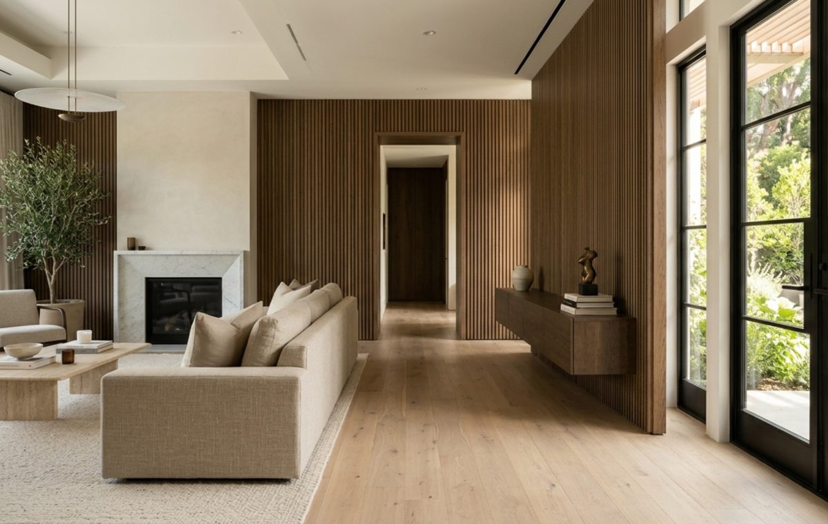 interior decoration ideas for living room featuring a 36-inch wide circulation path and a contemporary low-slung sofa in Belgian linen