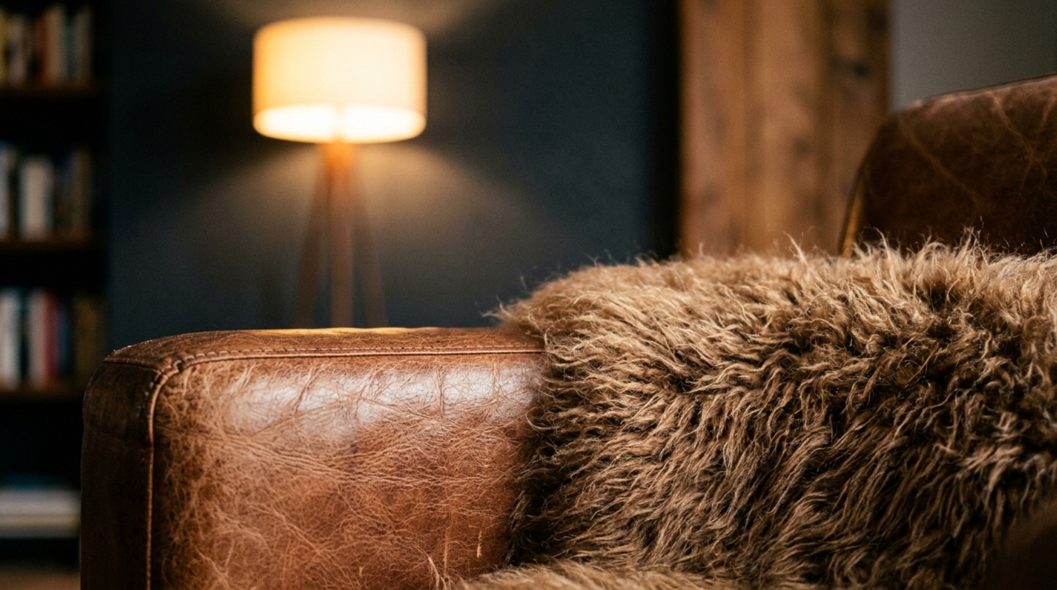 cozy living room inspiration showcasing a cognac leather armchair paired with a heavy mohair throw and a 2700K warm floor lamp cozy living room inspiration showcasing a cognac leather armchair paired with a heavy mohair throw and a 2700K warm floor lamp