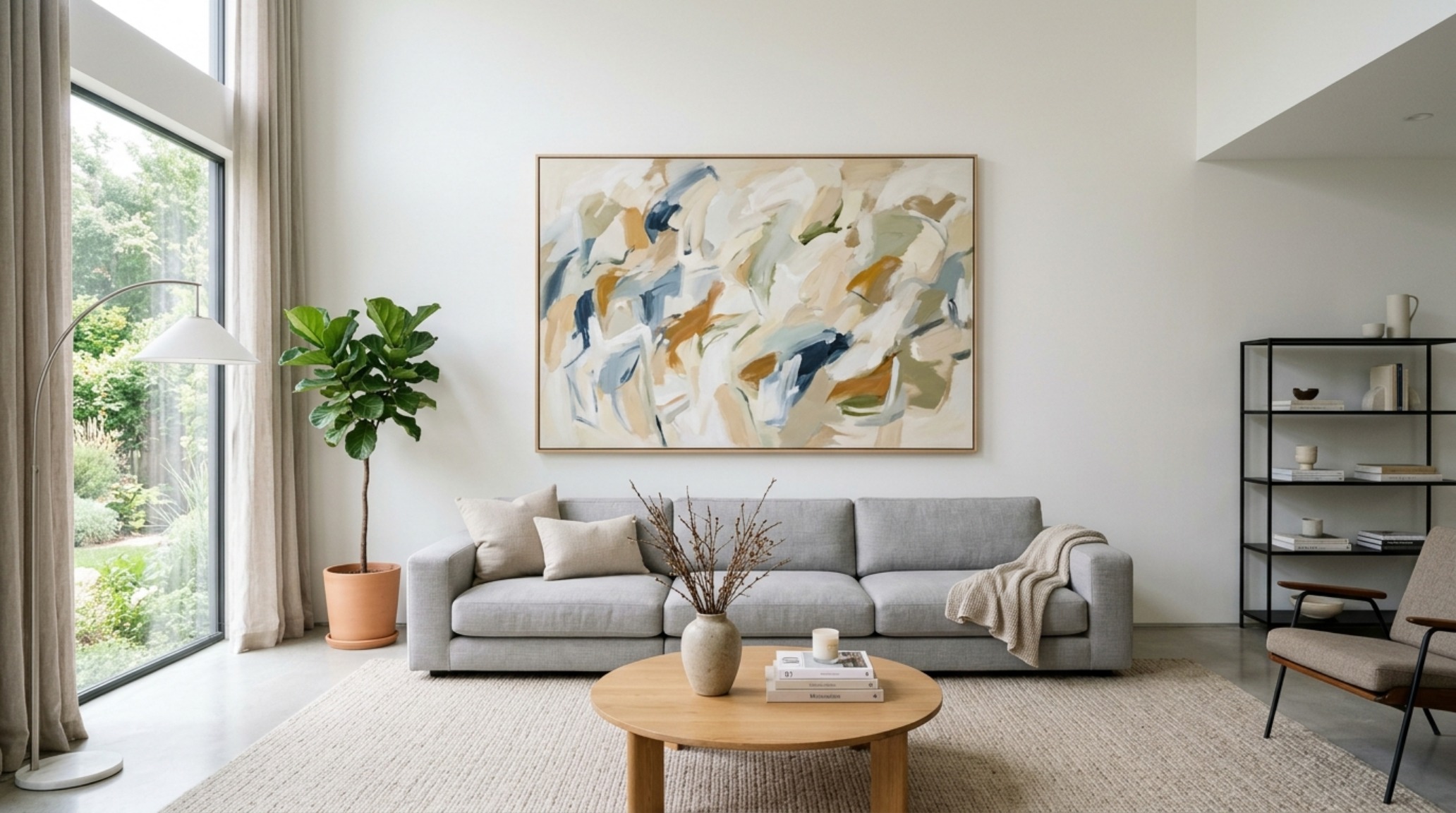 living room wall art ideas featuring a large-scale abstract triptych perfectly proportioned to two-thirds of the sofa width living room wall art ideas featuring a large-scale abstract triptych perfectly proportioned to two-thirds of the sofa width
