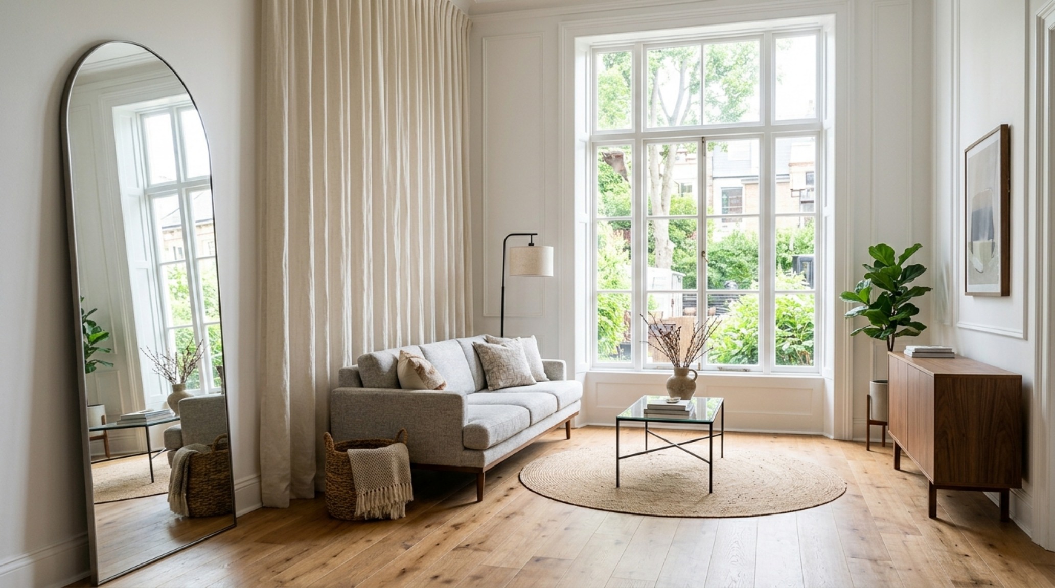 small living room decor utilizing floor-to-ceiling drapery and leggy furniture to create vertical height and airy spatial flow small living room decor utilizing floor-to-ceiling drapery and leggy furniture to create vertical height and airy spatial flow
