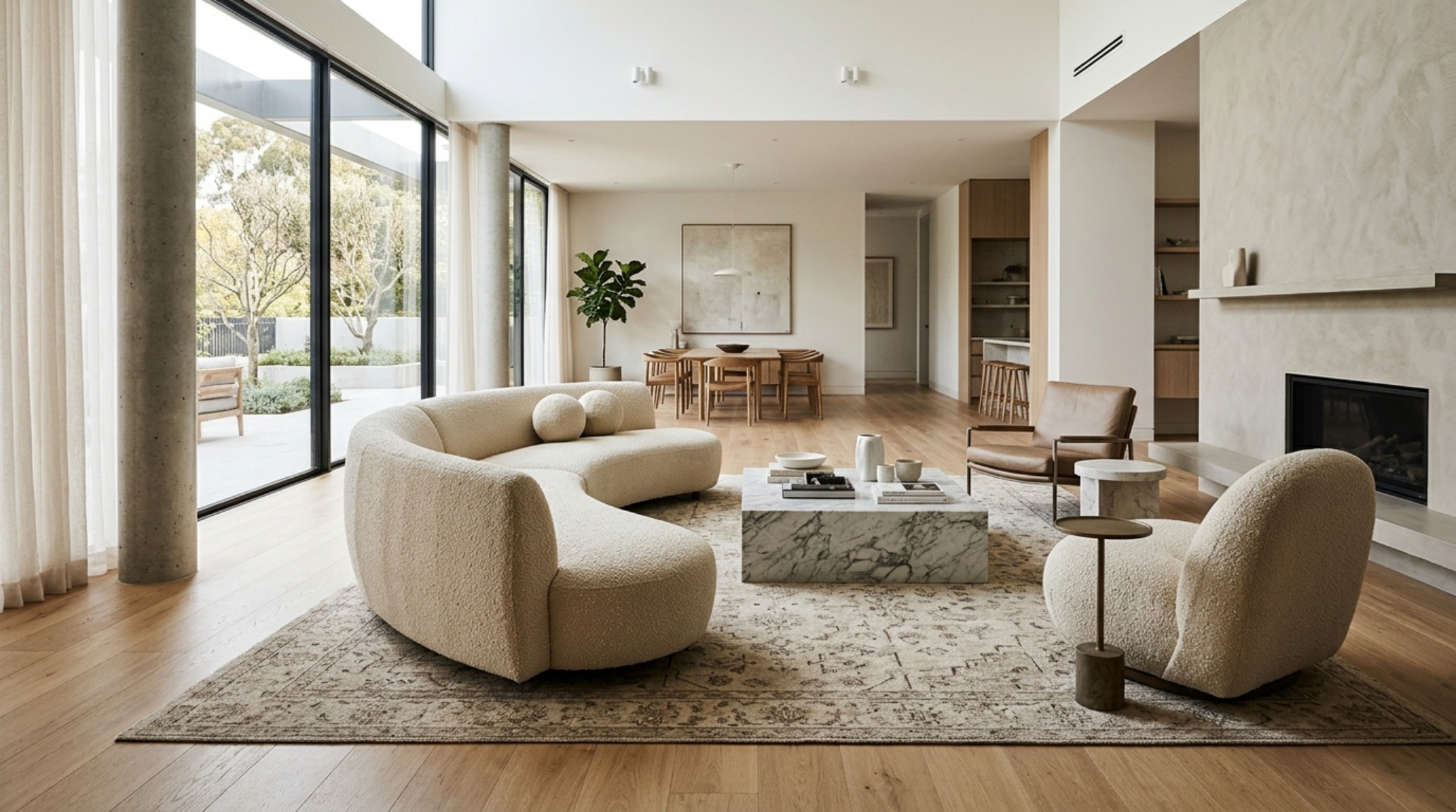 contemporary living room nuances highlighted by high-CRI lighting reflecting off a hand-knotted wool and silk rug contemporary living room nuances highlighted by high-CRI lighting reflecting off a hand-knotted wool and silk rug