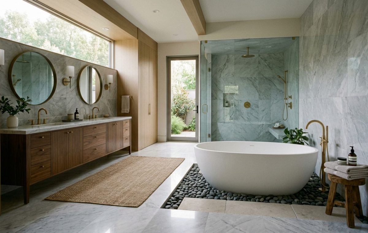 luxury master bath layout featuring a freestanding resin bathtub positioned with 12-inch wall clearance and floor-to-ceiling frosted windows
