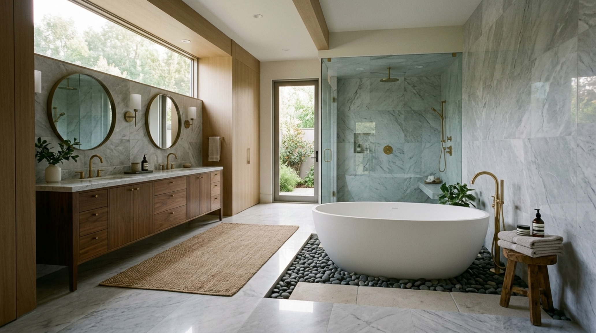 luxury master bath layout featuring a freestanding resin bathtub positioned with 12-inch wall clearance and floor-to-ceiling frosted windows luxury master bath layout featuring a freestanding resin bathtub positioned with 12-inch wall clearance and floor-to-ceiling frosted windows