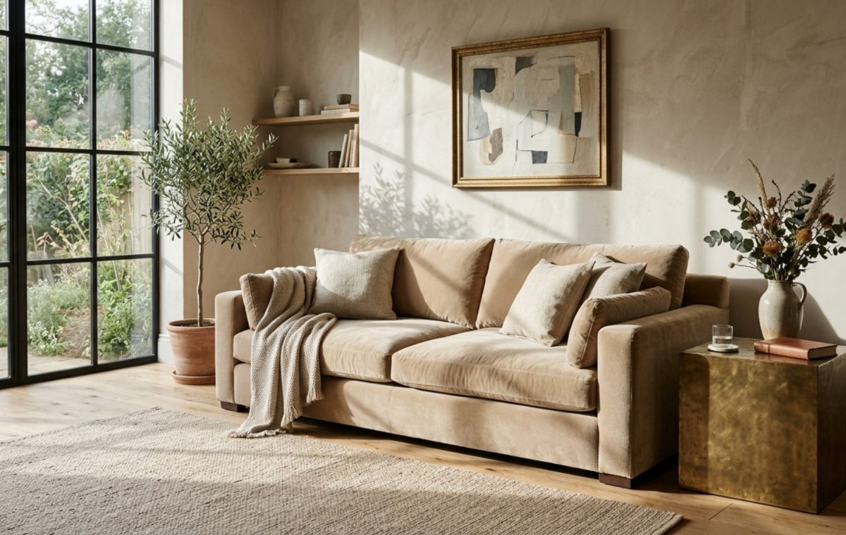 professional interior design secrets revealed in a living room featuring layered textures of mohair velvet and unlacquered brass under soft 2700K lighting.