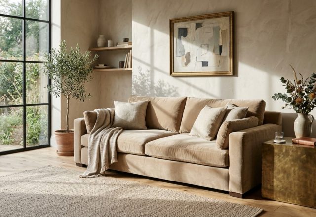 professional interior design secrets revealed in a living room featuring layered textures of mohair velvet and unlacquered brass under soft 2700K lighting.