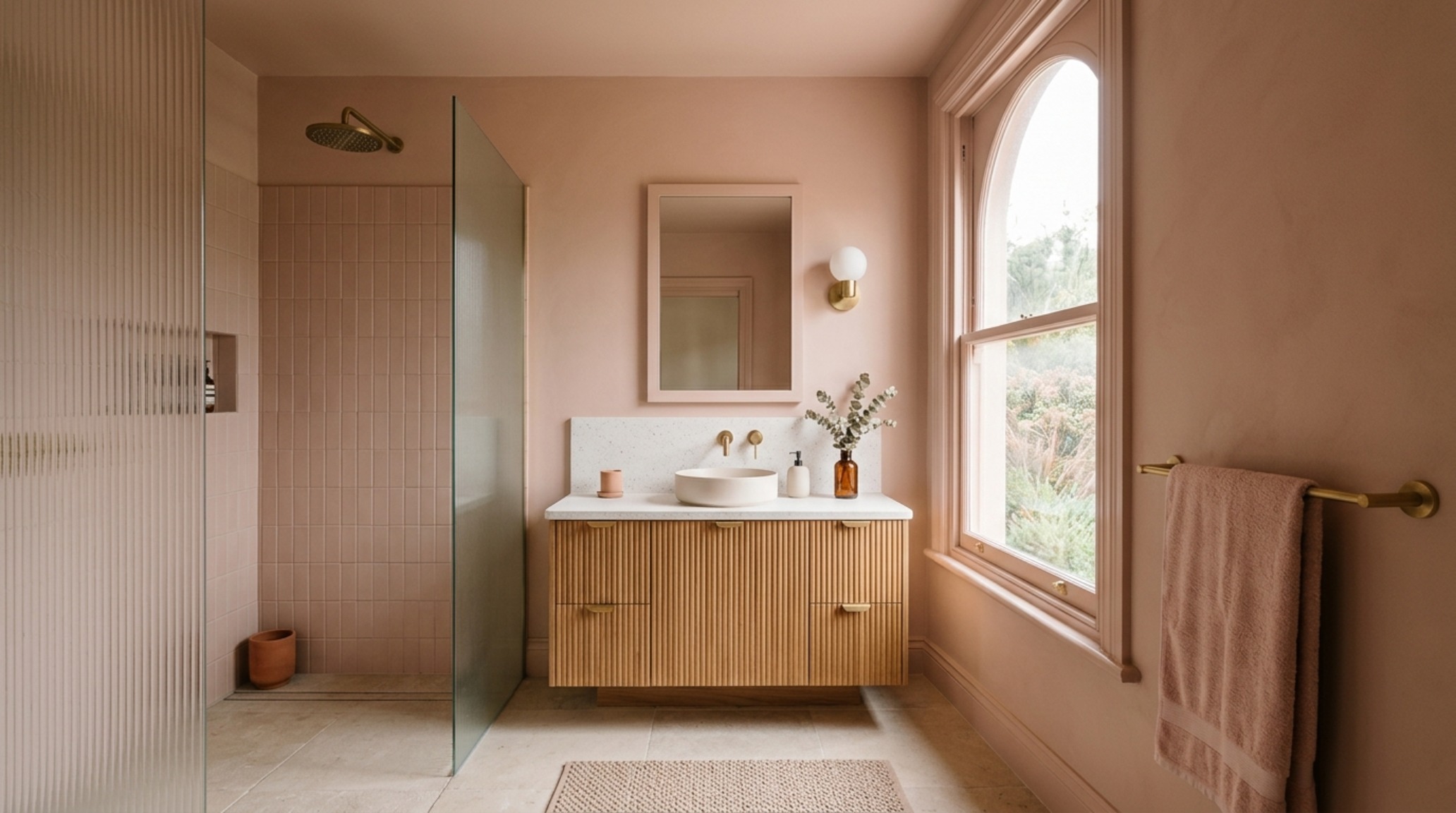 spa-like ensuite renovation showcasing a color-drenched wall and ceiling in a soft terracotta hue with integrated warm LED lighting spa-like ensuite renovation showcasing a color-drenched wall and ceiling in a soft terracotta hue with integrated warm LED lighting