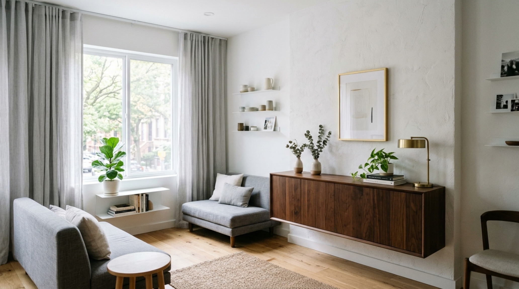 small space design rules applied in a compact lounge using a floating walnut credenza and floor-to-ceiling linen drapery to maximize perceived volume. small space design rules applied in a compact lounge using a floating walnut credenza and floor-to-ceiling linen drapery to maximize perceived volume.