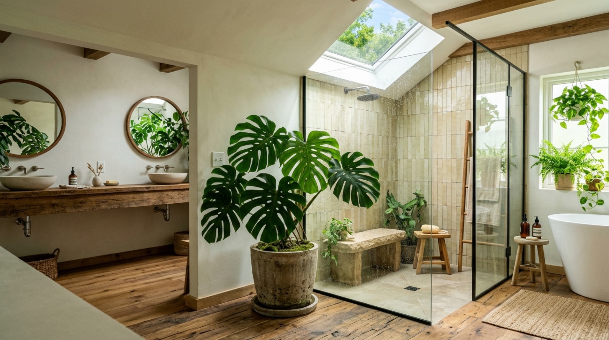 biophilic bathroom design trends integrating a built-in stone planter with lush tropical greenery beside a freestanding tub biophilic bathroom design trends integrating a built-in stone planter with lush tropical greenery beside a freestanding tub