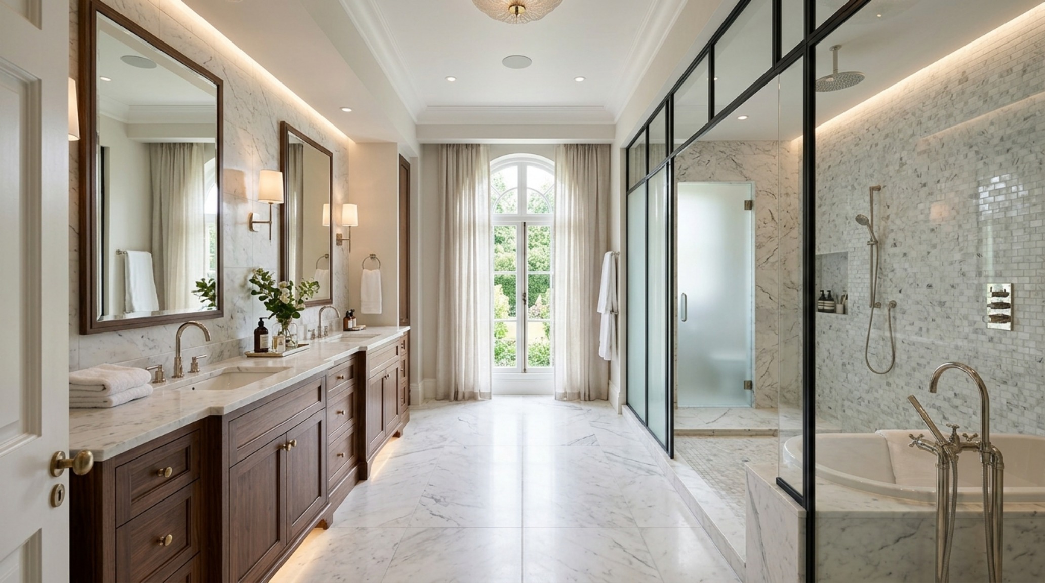 luxury master bath layout with a dual-sink vanity and a central walk-through shower zone with 36-inch architectural clearances luxury master bath layout with a dual-sink vanity and a central walk-through shower zone with 36-inch architectural clearances