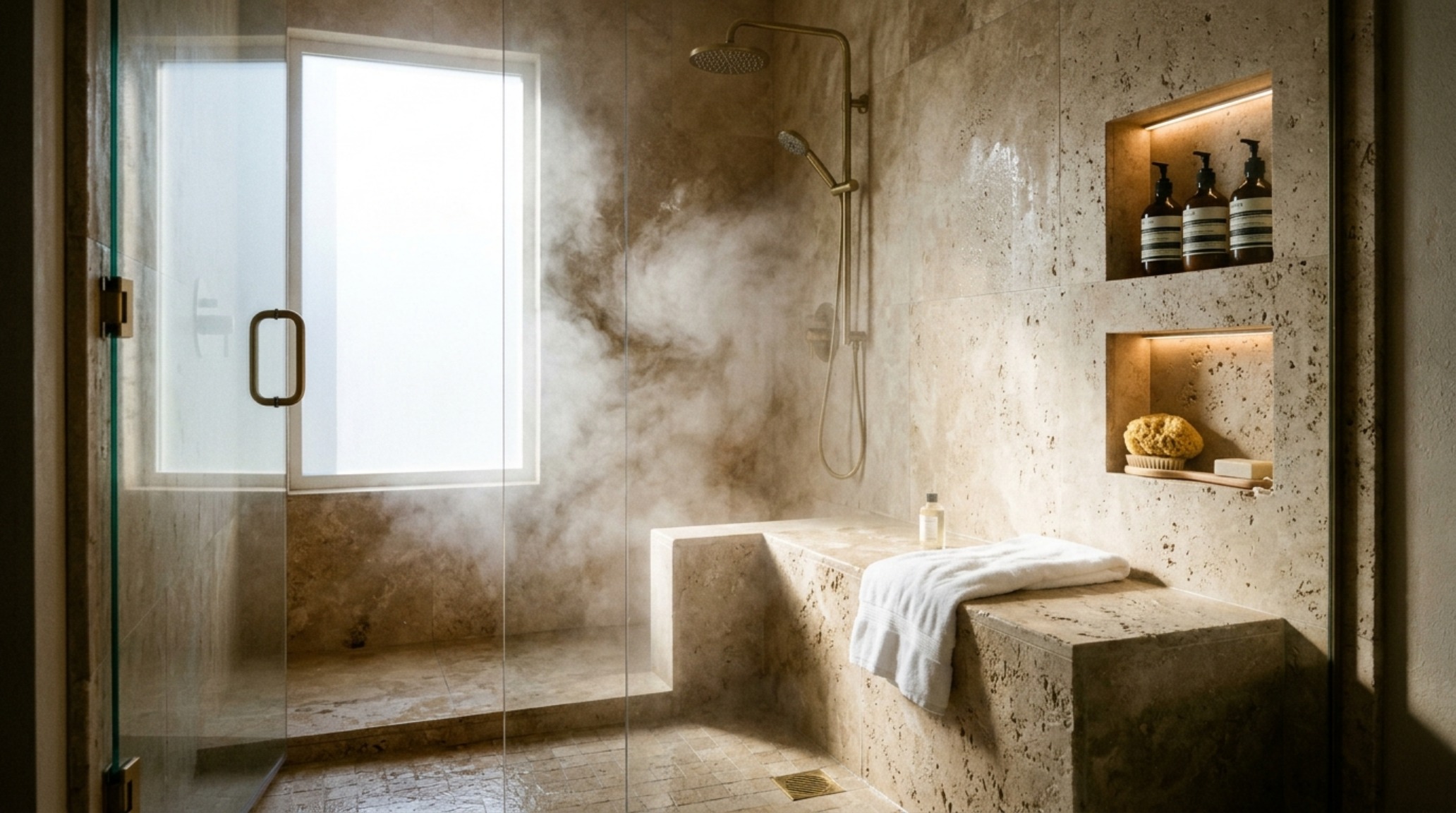 modern walk-in shower configurations featuring a wall-mounted rain head and a custom stone bench at 18-inch height modern walk-in shower configurations featuring a wall-mounted rain head and a custom stone bench at 18-inch height