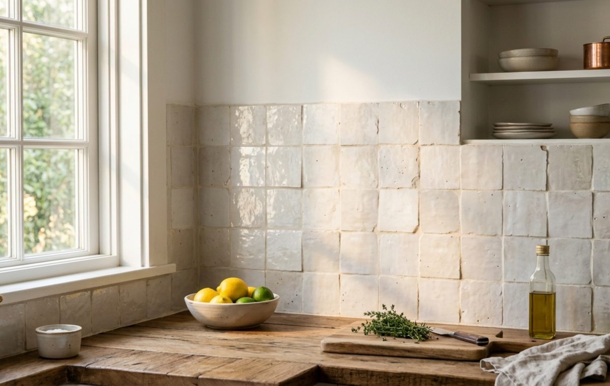 Artisanal zellige kitchen ideas featuring hand-chiseled Moroccan tiles in a pearlescent white glaze with organic edge variations and a butt-joint installation.
