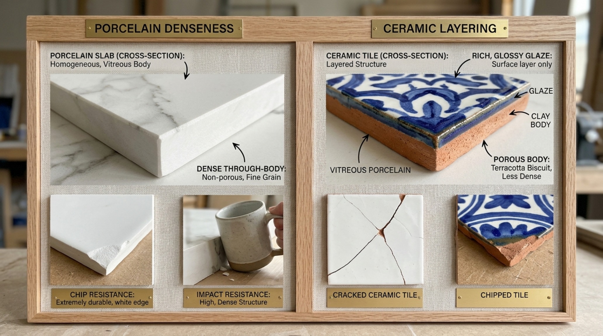 Porcelain vs ceramic kitchen durability comparison showing a heavy-veined marble countertop meeting a resilient, high-fired porcelain backsplash for maximum longevity.