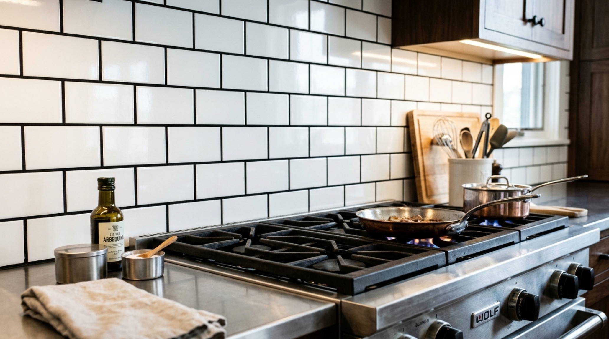High-contrast grout design applied to a traditional subway tile format to create a graphic, industrial-inspired focal point behind a professional range.