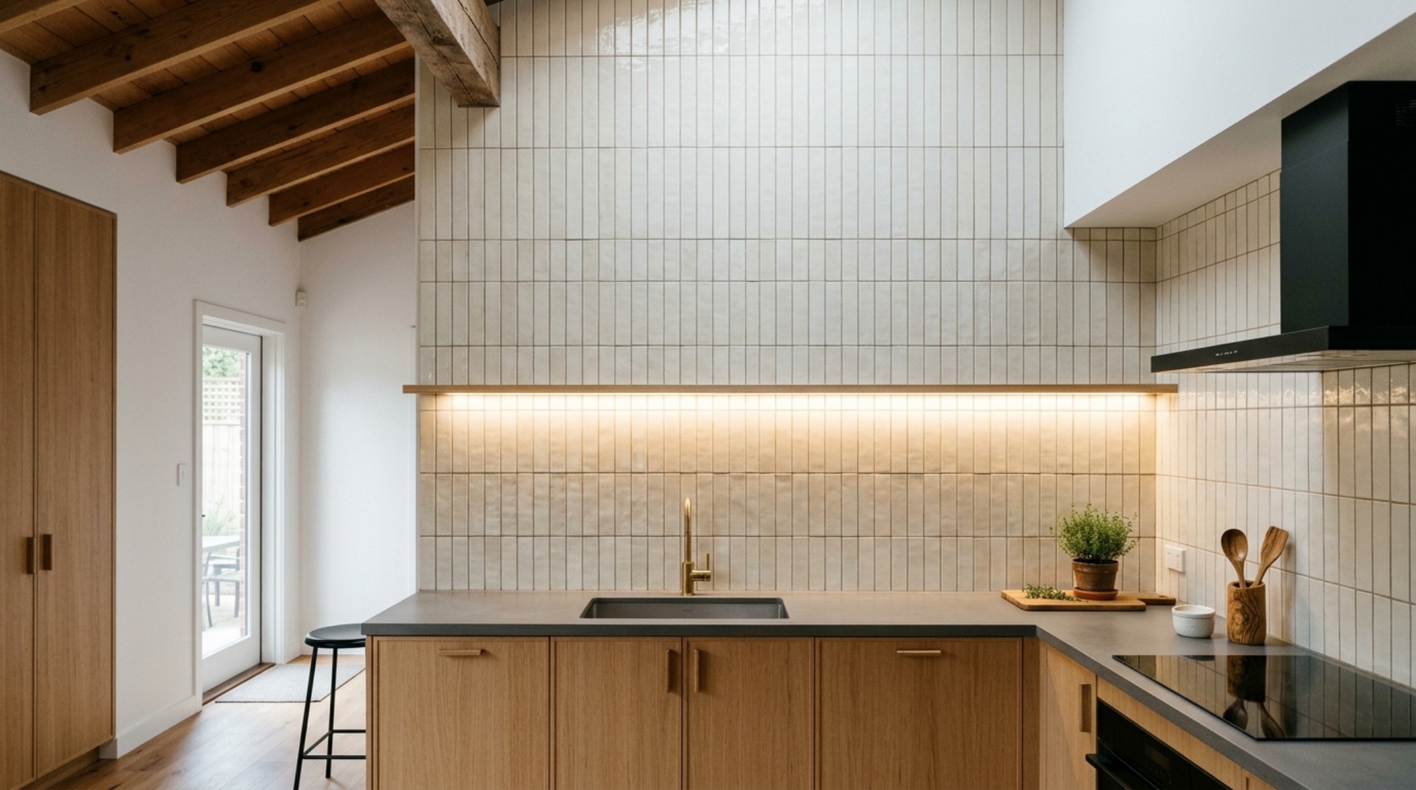 Ceiling-height backsplash trend showcased with vertical stack-bond tiles that extend to the ceiling, emphasizing the vertical volume and architectural scale of the kitchen.